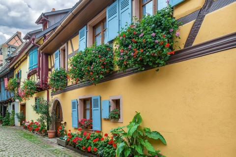Picturesque historical street in Eguisheim, Alsace, France, Europe