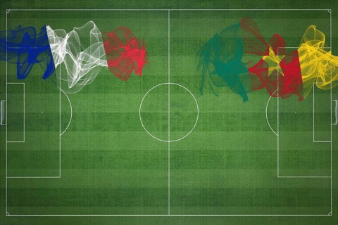 France vs Cameroon Soccer Match, national colors, national flags, soccer field, football game,
