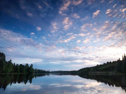 Algonquin Provincial Park summertime nature scenery of the Lake of Two Rivers at sunset. Ontario,