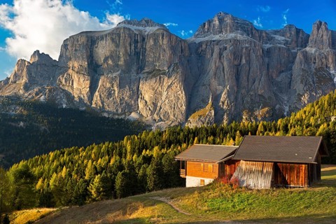 Alpin hut at Passo Pordoi with Sella Group, Dolomites, Italian Alps