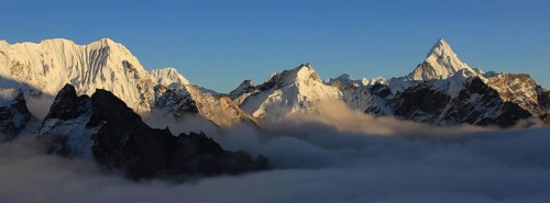 Snow covered peaks seen from Kala Patthar, Nepal, Asia