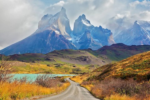 Summer day in the national park Torres del Paine, Patagonia, Chile. Majestic peaks of Los Kuernos