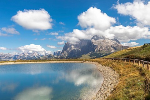 View over the Seiser Alm, Alpe di Siusi, to Langkofel and Plattkofel, South Tyrol