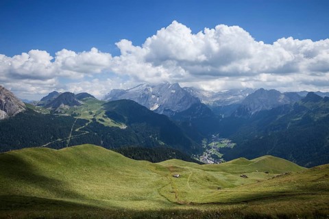 Sunny mountain valley. Dolomites mountain, Italy, Europe