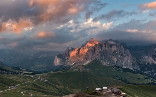 Panoramic view of Sella group mountain, Val di Fassa, Italian Dolomites