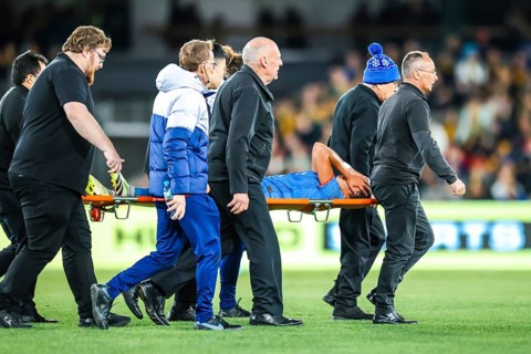 MELBOURNE, AUSTRALIA, JULY 14 : Selma Bacha of France is injured after a tackle with Hayley Raso of