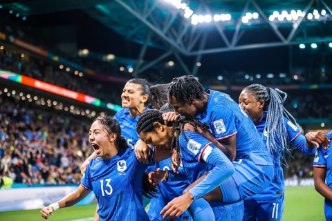 BRISBANE, AUSTRALIA, JULY 29: Wendie Renard of France scores the winning goal and celebrates with