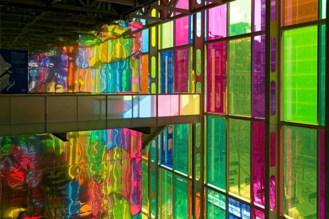 Colourful window reflections in the convention centre, Montreal, Province of Quebec, Canada, North