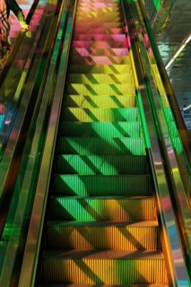 Colourful reflections on stairways, convention centre, Montreal, Province of Quebec, Canada, North