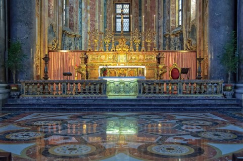 Main altar and marble floor of the San Giuseppe dei Teatini church, Palermo, Sicily, Italy, 20