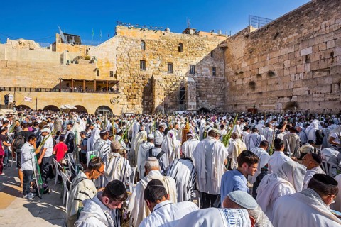Exciting ceremony at the Western Wall of the Temple. The blessing of the Cohanim. Jerusalem. Jews
