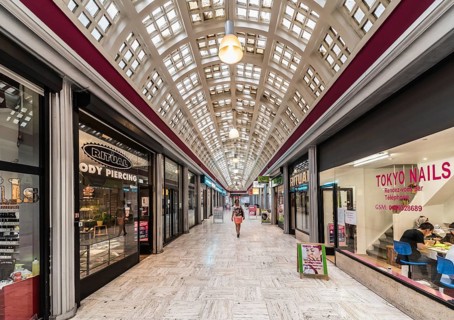 Brussels Old Town, Belgium, 07 18 2019- Interior arcades of the Galerie du centre, a vintage