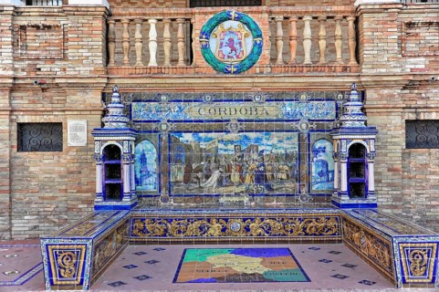 Plaza de España in Seville, Seville, Andalusia, Spain, Europe, An artistic ceramic tile mural with