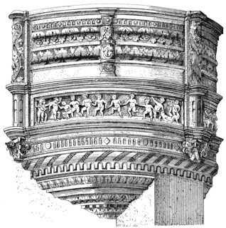 Historical architectural illustration from the 19th Century, 1882, facade with bay windows in