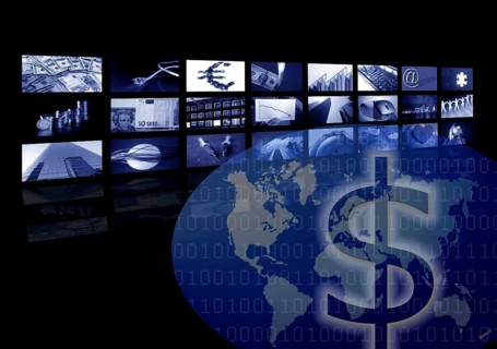 Business corporate, world map, multiple screen. Metaphor mixing photo and ilustration in blue color