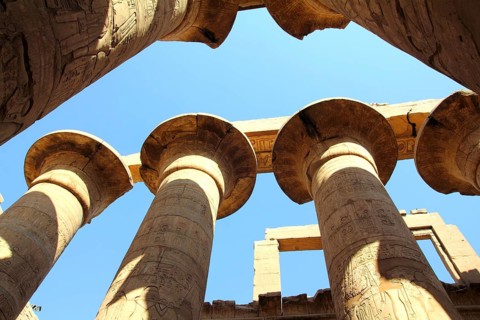Columns in karnak temple with ancient egypt hieroglyphics