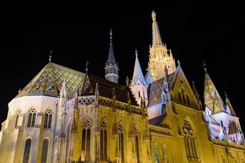 Night view of Matthias Church, a Catholic church located in the Holy Trinity Square, Buda's Castle