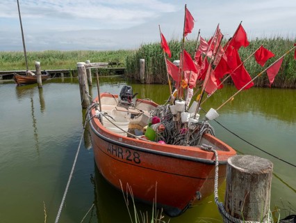 Red fishing boat with red flags and equipment in a quiet harbour, Zingst, baltic sea, germany