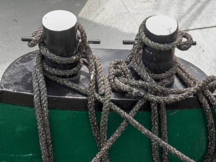 Close-up of two black metal bollards on a boat, surrounded by ropes and knots, carolinensiel,