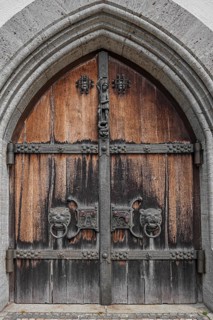 Main gate with iron fittings, Maria-Himmelfahrt church, Bad Wiessee, Upper Bavaria, Bavaria,