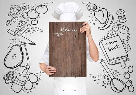 Restaurant Chef on a sketchy background hidden behind a wooden chopping board for a business lunch