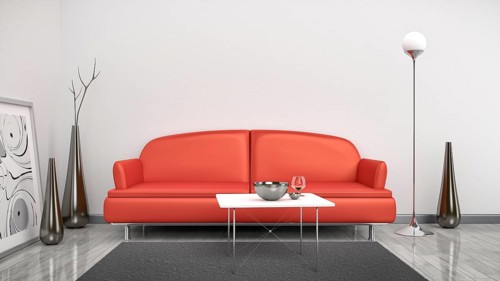 3d interior render image of a red sofa in a white room with space for your content