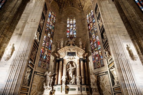 Stone altar of San Giovanni Bono Saint John the Good in the Duomo. Milan, Italy.