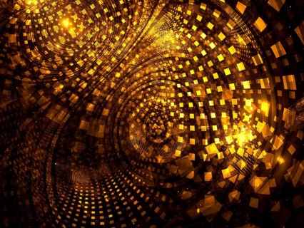 Golden fractal background or texture - mosaic with curved concentric circles and tiles, abstract