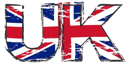 Letters UK with British Union Jack flag under it, distressed grunge look