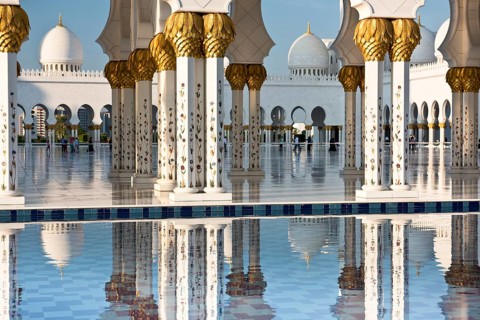 Beautiful gallery of famous Sheikh Zayed White Mosque in Abu Dhabi, UAE. Reflections