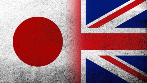 National flag of United Kingdom (Great Britain) Union Jack with National flag of Japan. Grunge