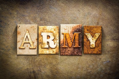 The word ARMY written in rusty metal letterpress type on an old aged leather background
