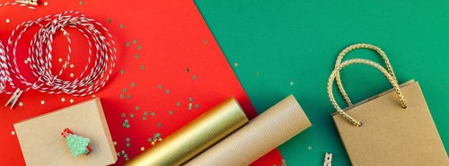 New Year or Christmas presents preparation DIY flat lay top view Xmas holiday celebration handmade