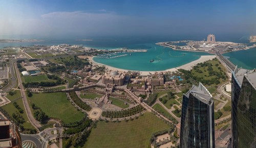 A picture of the Al Ras Al Akhdar District, with the Abu Dhabi Breakwater on the top right corner,