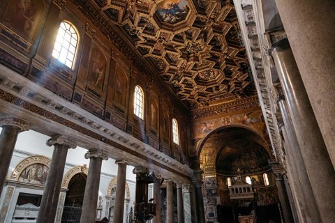 Rome, Italy, August 18, 2016: Interior view of church of Santa Maria in Trastevere. It is a titular