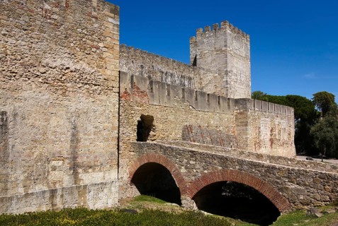 A brige to an entrance to the medieval Sao Jorge Castle in Portugal's capital Lisbon
