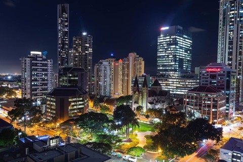 The illuminated skyline of Brisbane at night