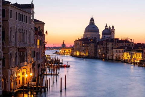 Morning atmosphere in front of sunrise, view of the Grand Canal from the Ponte dell' Accademia,