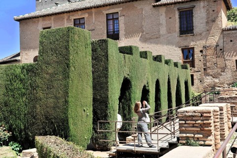 Alhambra, Granada, Andalusia, Spain, People taking pictures during a walk in front of cypresses,