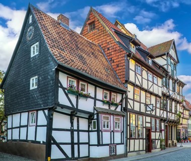 Street with half-timbered houses in Quedlinburg, Germany, Europe