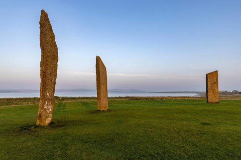 Stones of Stenness Circle and Henge at sunrise, stone circle and henge, Neolithic monument, UNESCO