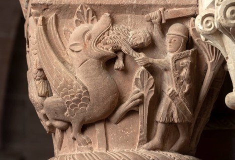 Basel, Cathedral (Basel Minster), capital on the ambulatory, Knight Dietrich of Bern and Sintram