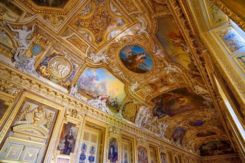Decorated ceiling of the Apollo Gallery (Galerie d'Apollon) at Louvre Museum in Paris, France,