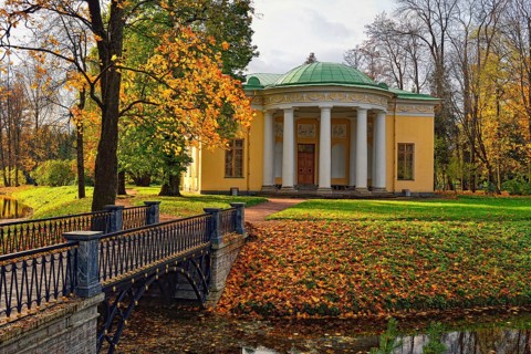 Autumn landscape in Catherine park, Pushkin, Russia. View to the Concert Hall pavilion