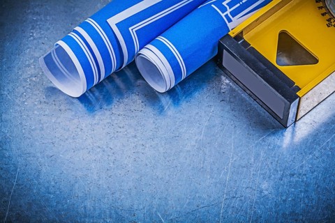 Set of blue blueprints construction level on metallic background