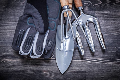 Stainless shovel rake trowel fork safety gloves gardening concept