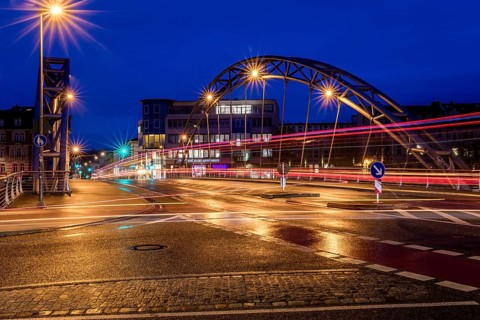 Luitpoldbrücke, Bamberg, Willy-Lessing-Straße, blue hour, city bridge at night with light traces of