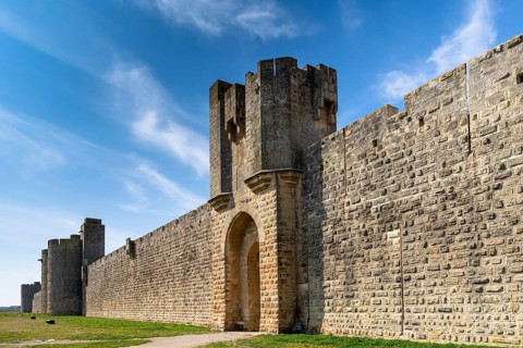 A view of the historic city walls surrounding the Camargue village of Aigues-Mortes