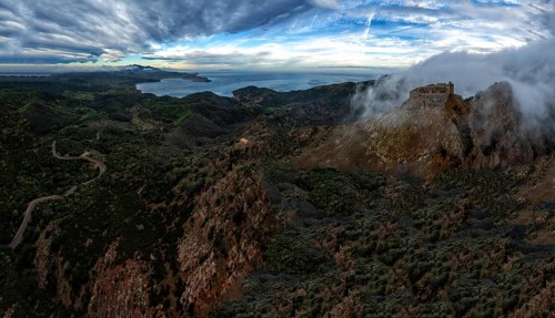 Aerial landscape view of the Castello del Volterraio and Portoferraio bay on Elba Island in Italy