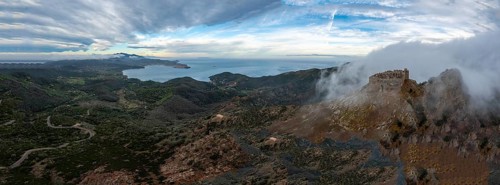 Aerial landscape view of the Castello del Volterraio and Portoferraio bay on Elba Island in Italy